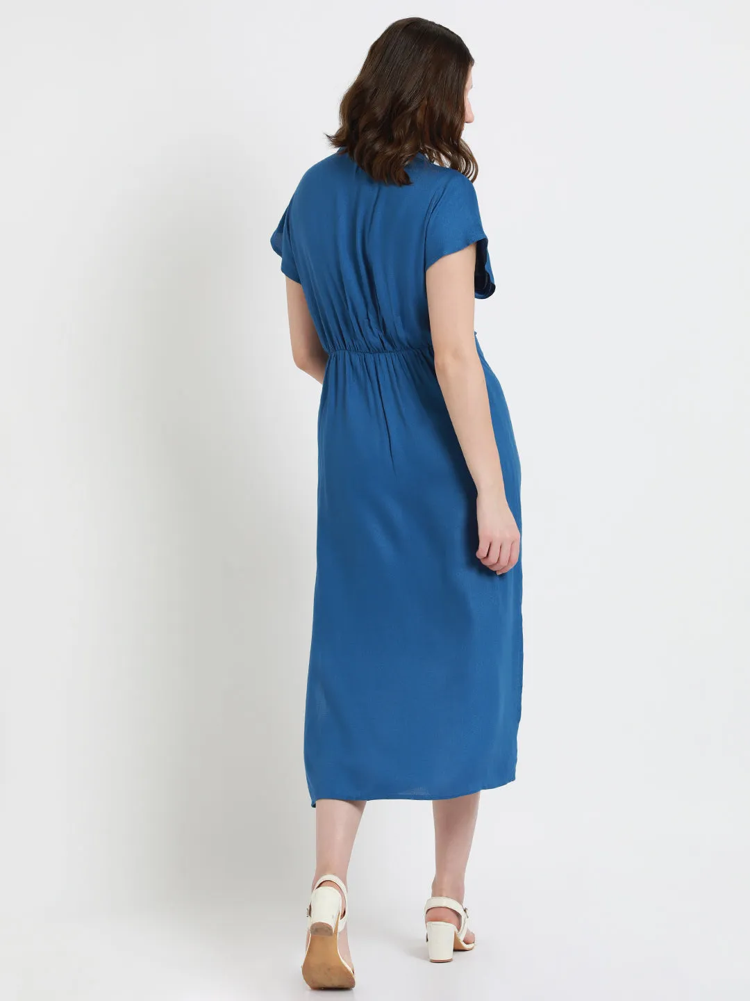 DL Woman Shirt Collar Regular Fit Solid Blue Midi Tie-Up Dress