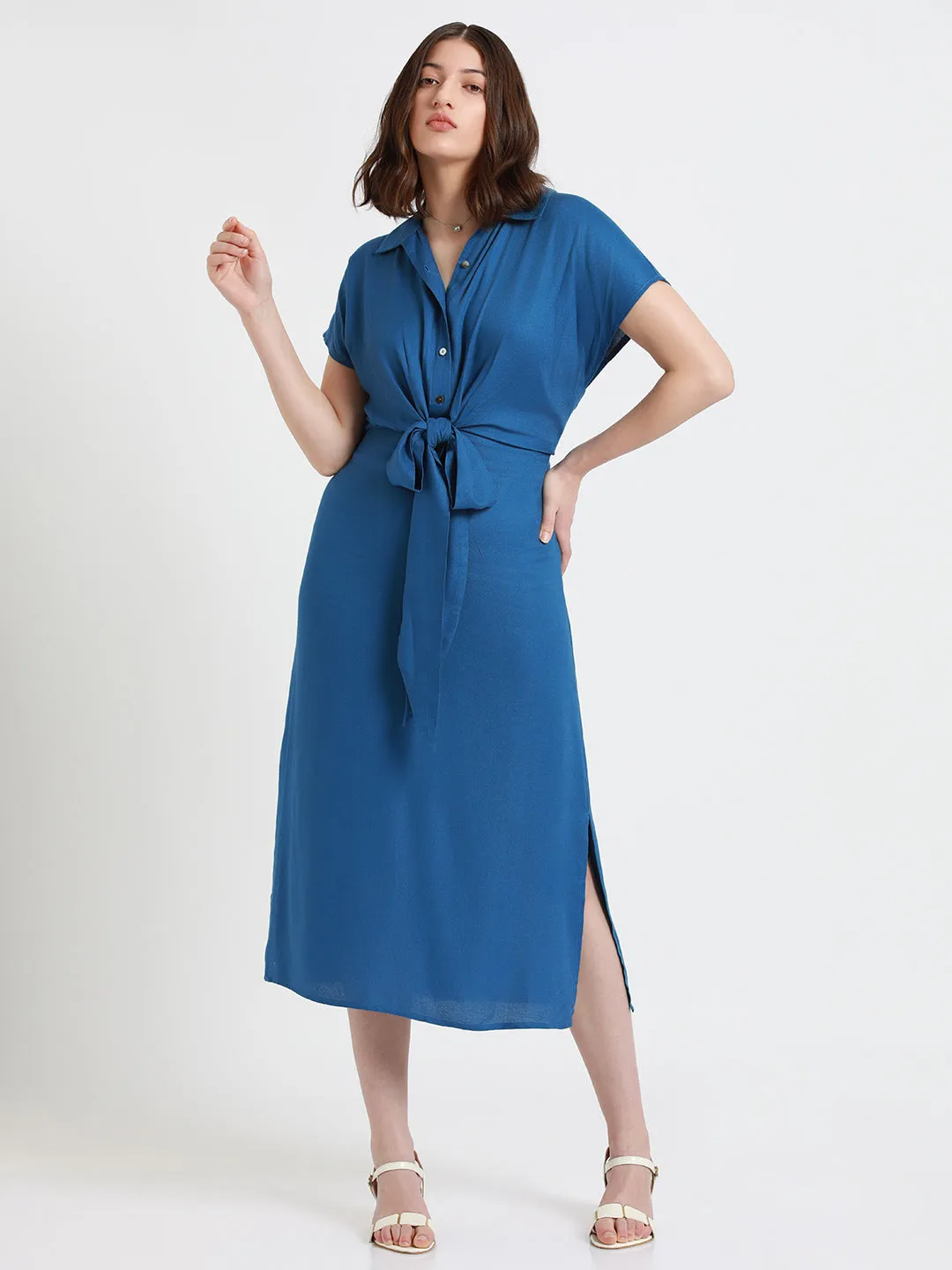 DL Woman Shirt Collar Regular Fit Solid Blue Midi Tie-Up Dress