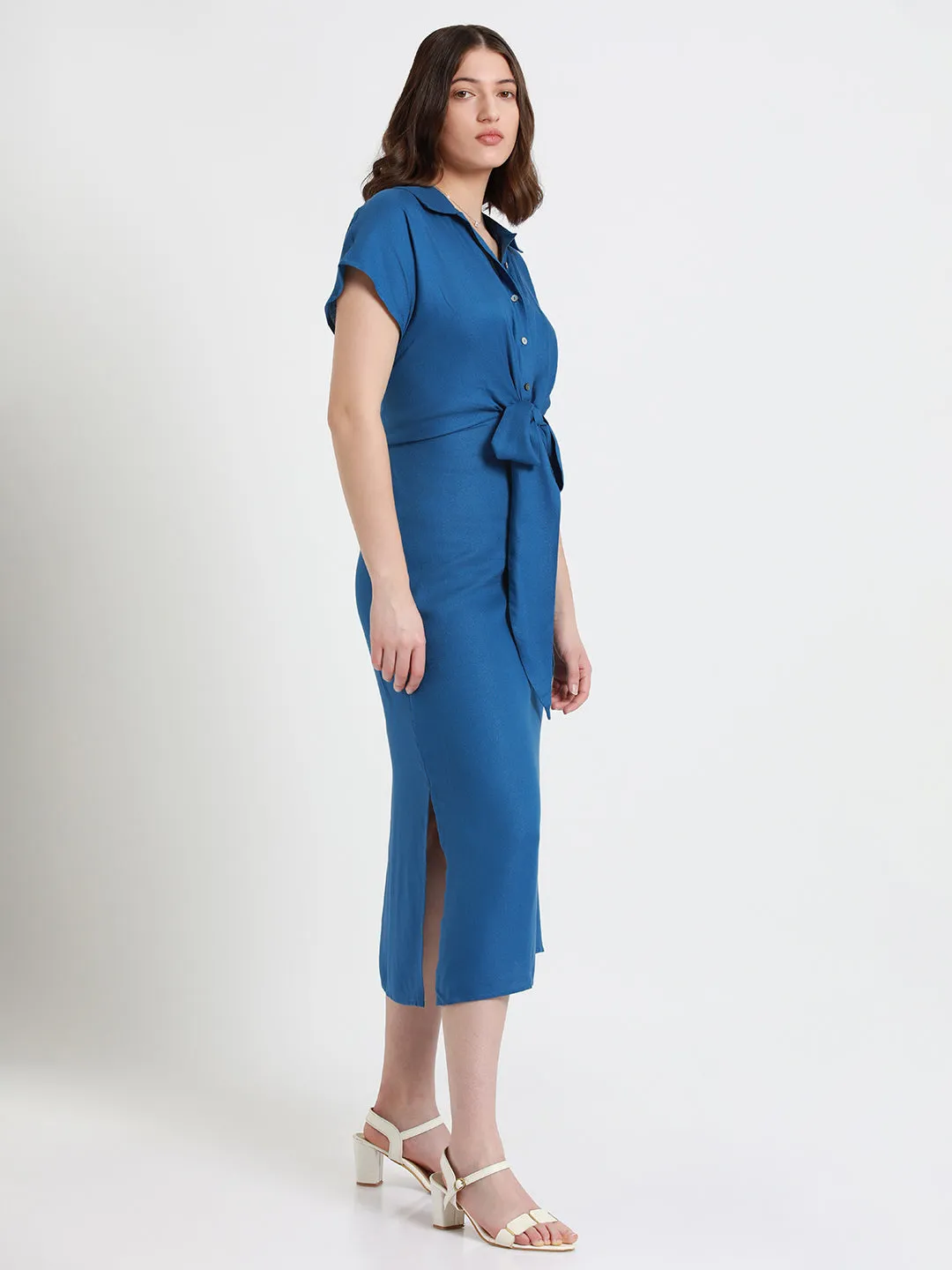 DL Woman Shirt Collar Regular Fit Solid Blue Midi Tie-Up Dress