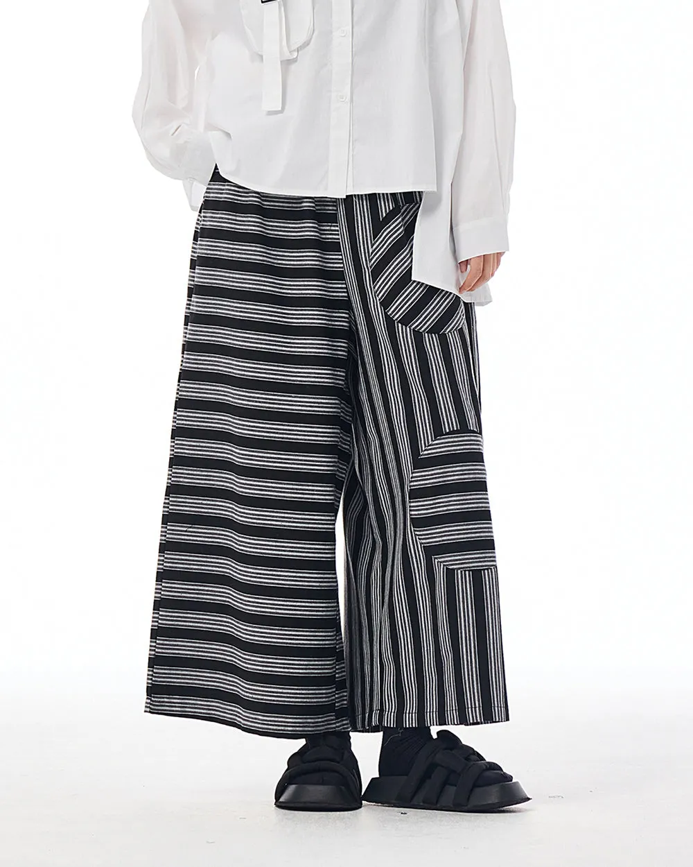 ellazhu Women's Pants Elastic Waist Wide Leg Pockets Stripe Patchwork Baggy Loose Oversize Trouser GE45