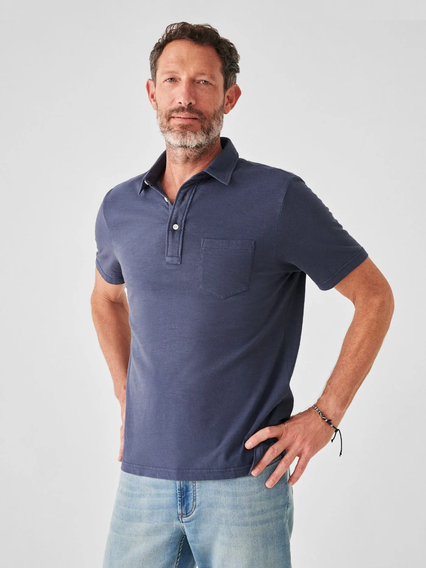 Faherty Sunwashed Tshirt Polo in Dune Navy