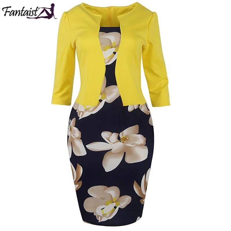 Fantaist Women Fall One Piece Patchwork Floral Print Elegant Business Party Formal Office Plus Size Bodycon Pencil Work Dresses