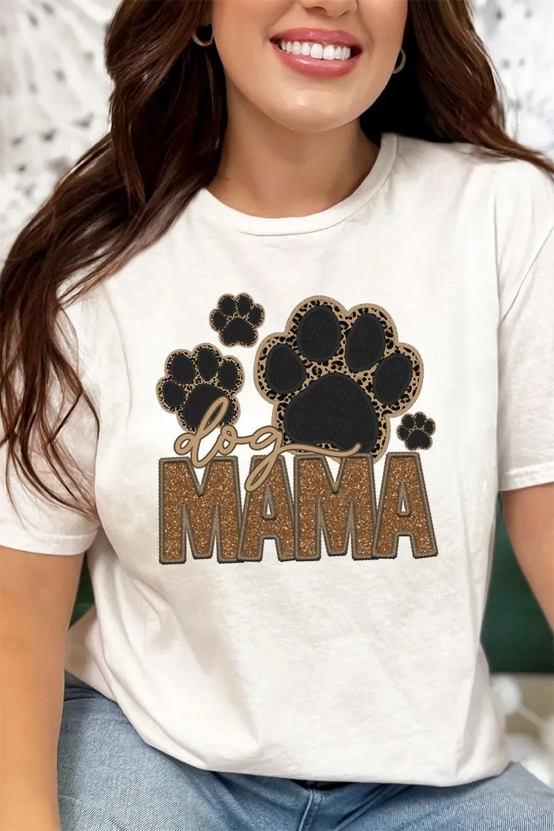 Faux Embroidery Dog Mama Transfer Short Sleeve Relaxed Fit T-Shirt