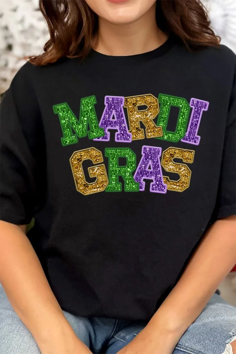 Faux Glitter Mardi Gras Short Sleeve Relaxed Fit T-Shirt