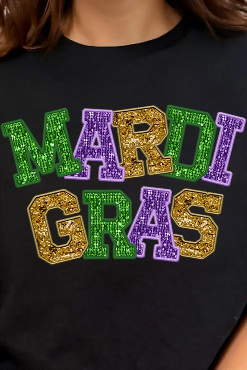 Faux Glitter Mardi Gras Short Sleeve Relaxed Fit T-Shirt