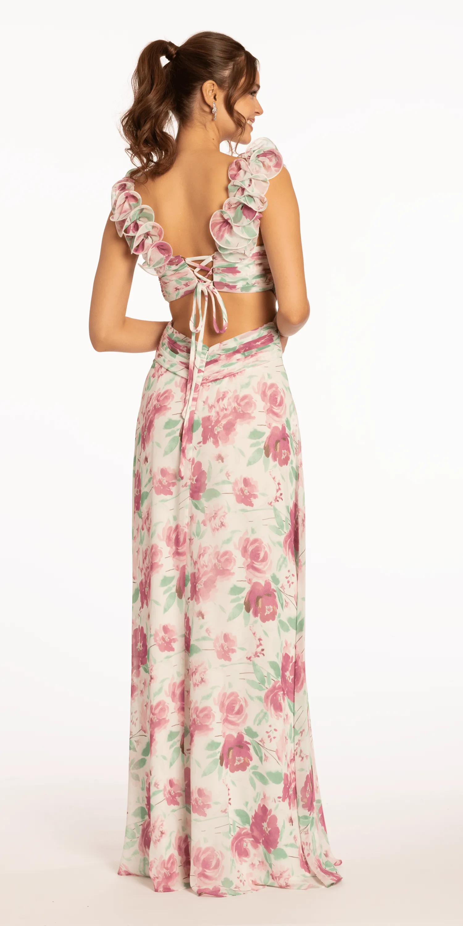 Floral Print Chiffon Lace Up Back Column Dress with Ruching