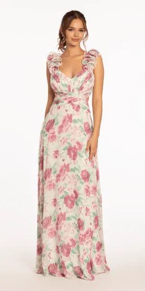 Floral Print Chiffon Lace Up Back Column Dress with Ruching