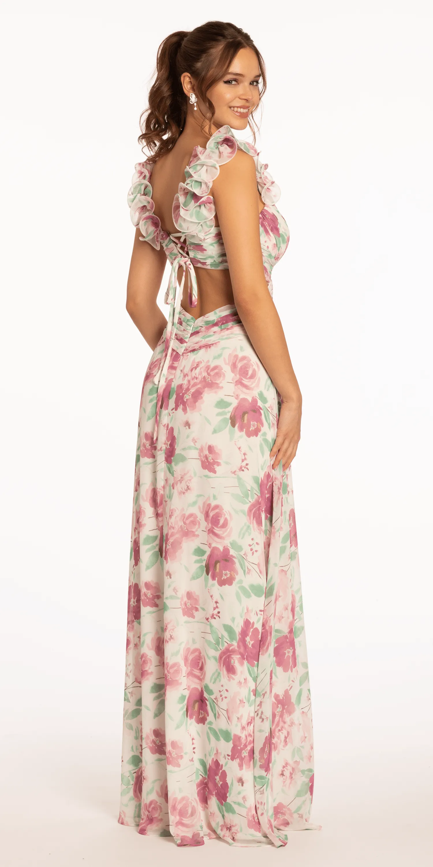 Floral Print Chiffon Lace Up Back Column Dress with Ruching