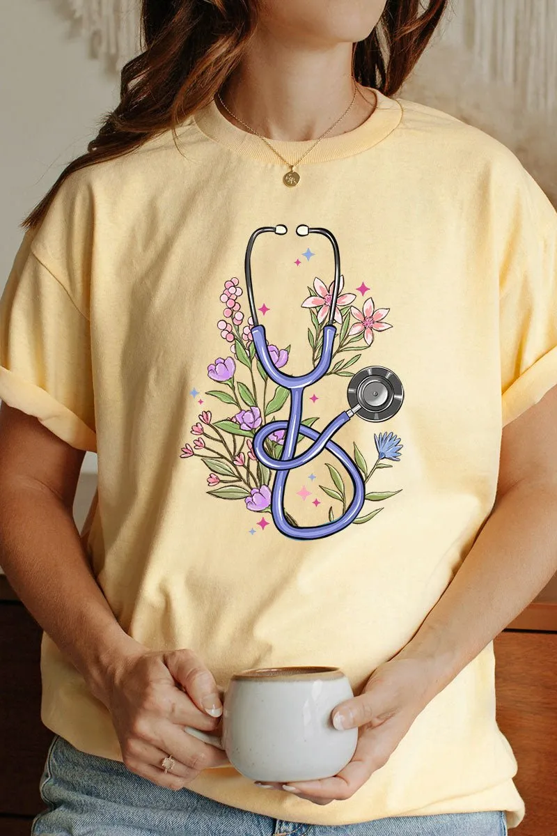 Floral Stethoscope Short Sleeve Relaxed Fit T-Shirt