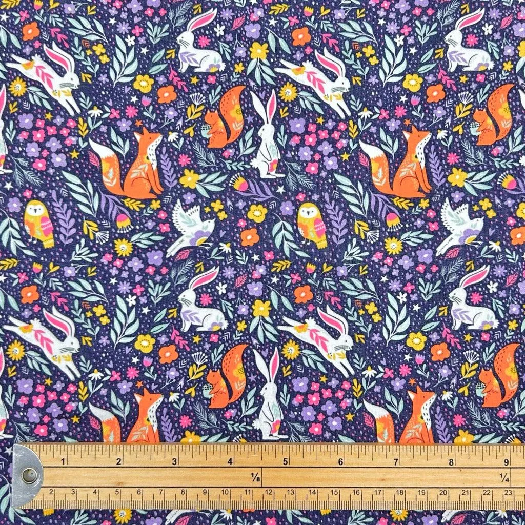 Forest Animals on Deep Purple French Terry Fabric