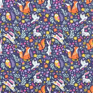 Forest Animals on Deep Purple French Terry Fabric