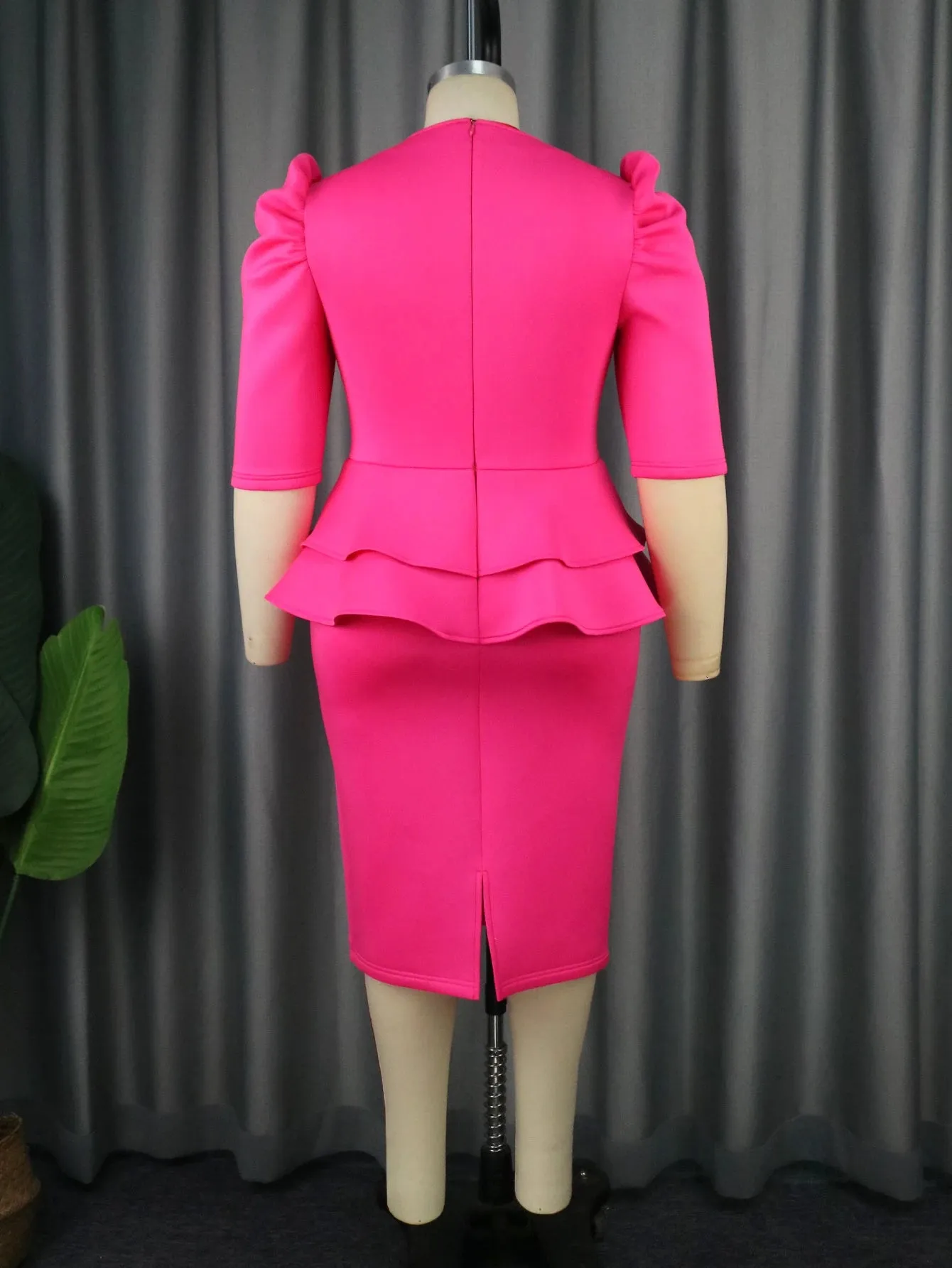 Fuchsia Dresses for Ladies V Neck Puff Half Sleeve Empire Peplum Ruffles Midi Office Work Evening Party Outfits S3960241