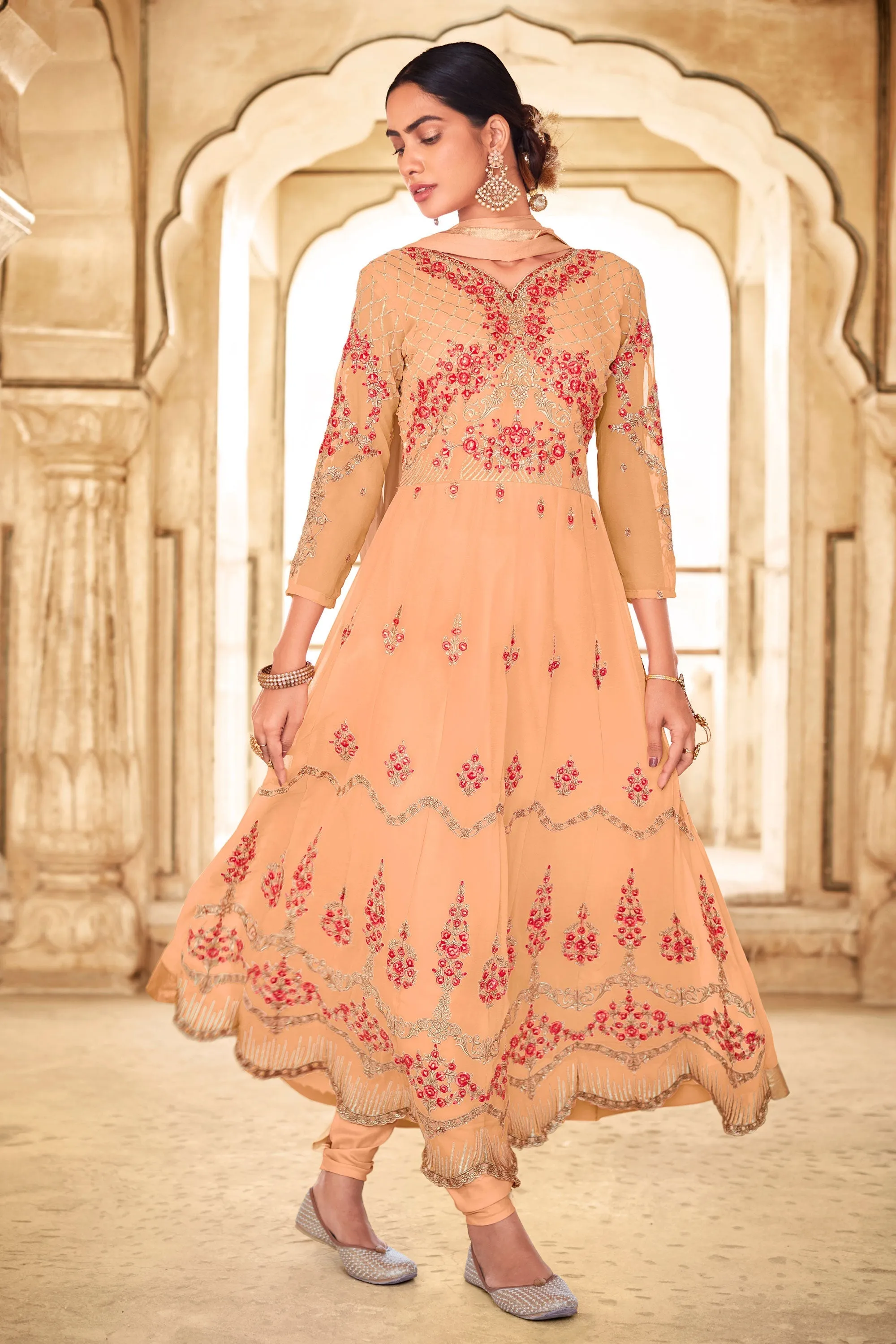 Function Special Peach Color Georgette Anarkali Suit with Embroidered Work