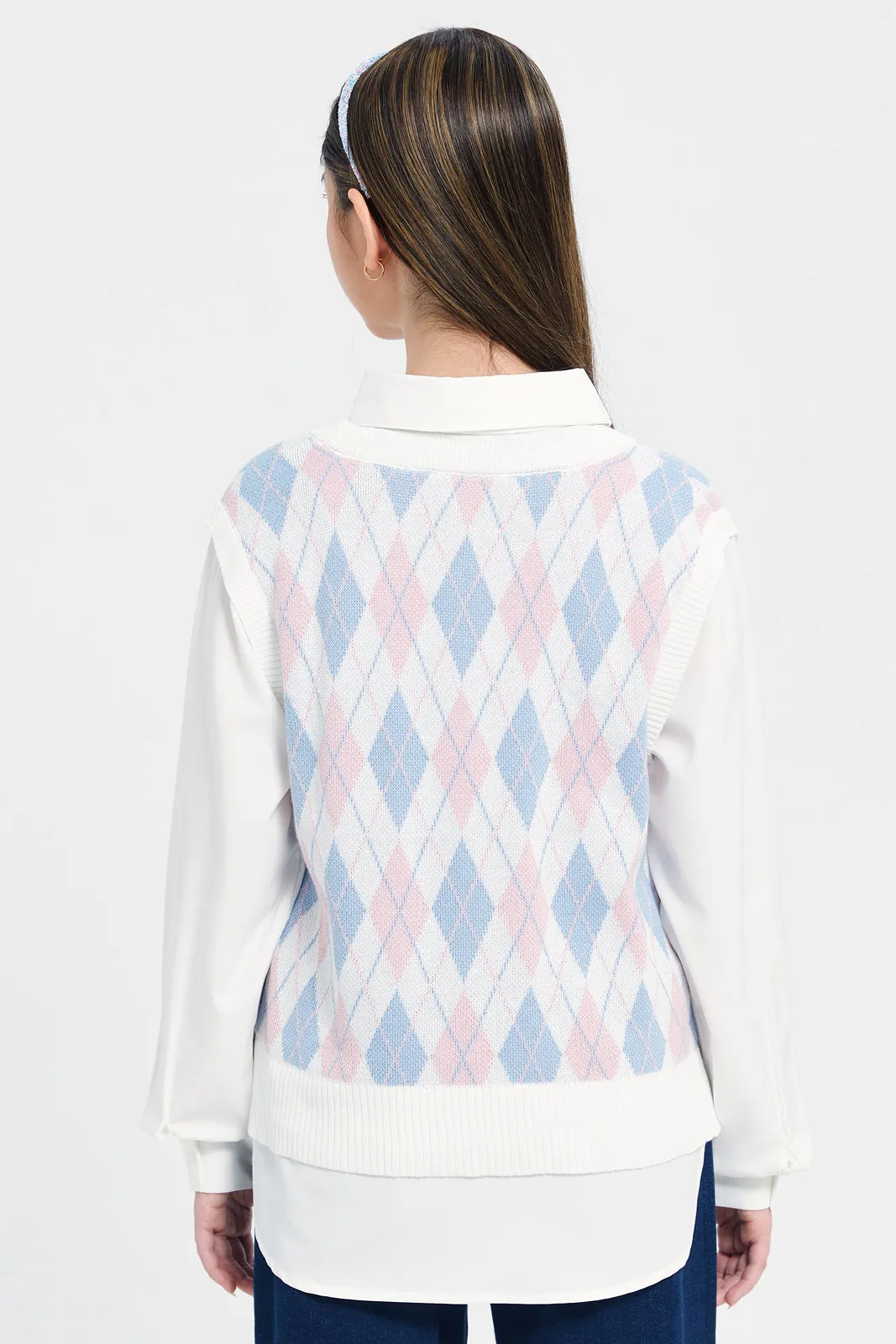 Girls Pink And Blue Argyle Print Pullover