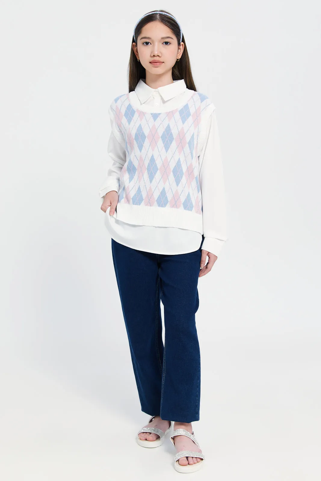 Girls Pink And Blue Argyle Print Pullover