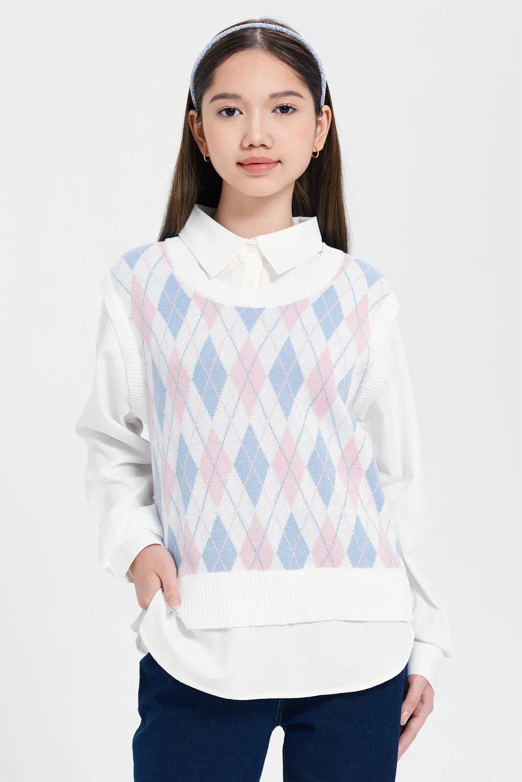 Girls Pink And Blue Argyle Print Pullover