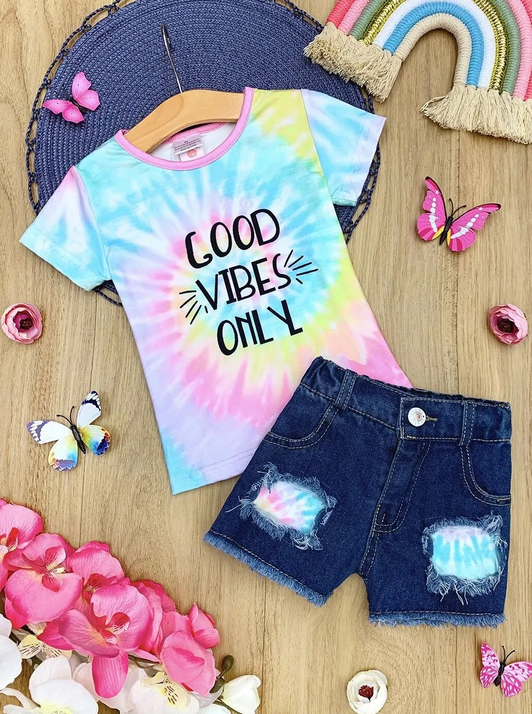 Good Vibes Only Patched Denim Shorts Set