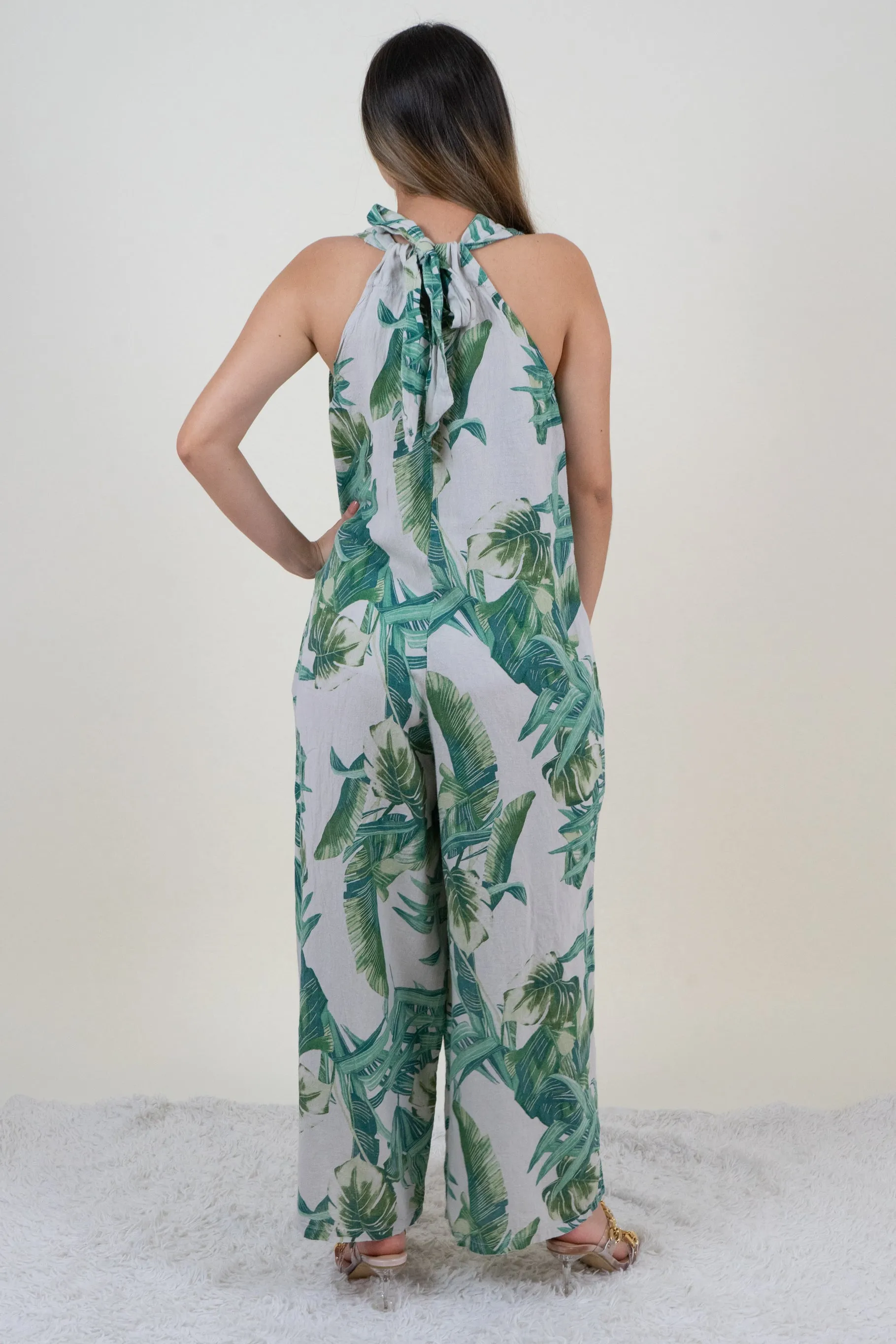 Green and Beige Tropical Print  Jumpsuits