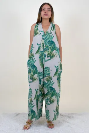 Green and Beige Tropical Print  Jumpsuits