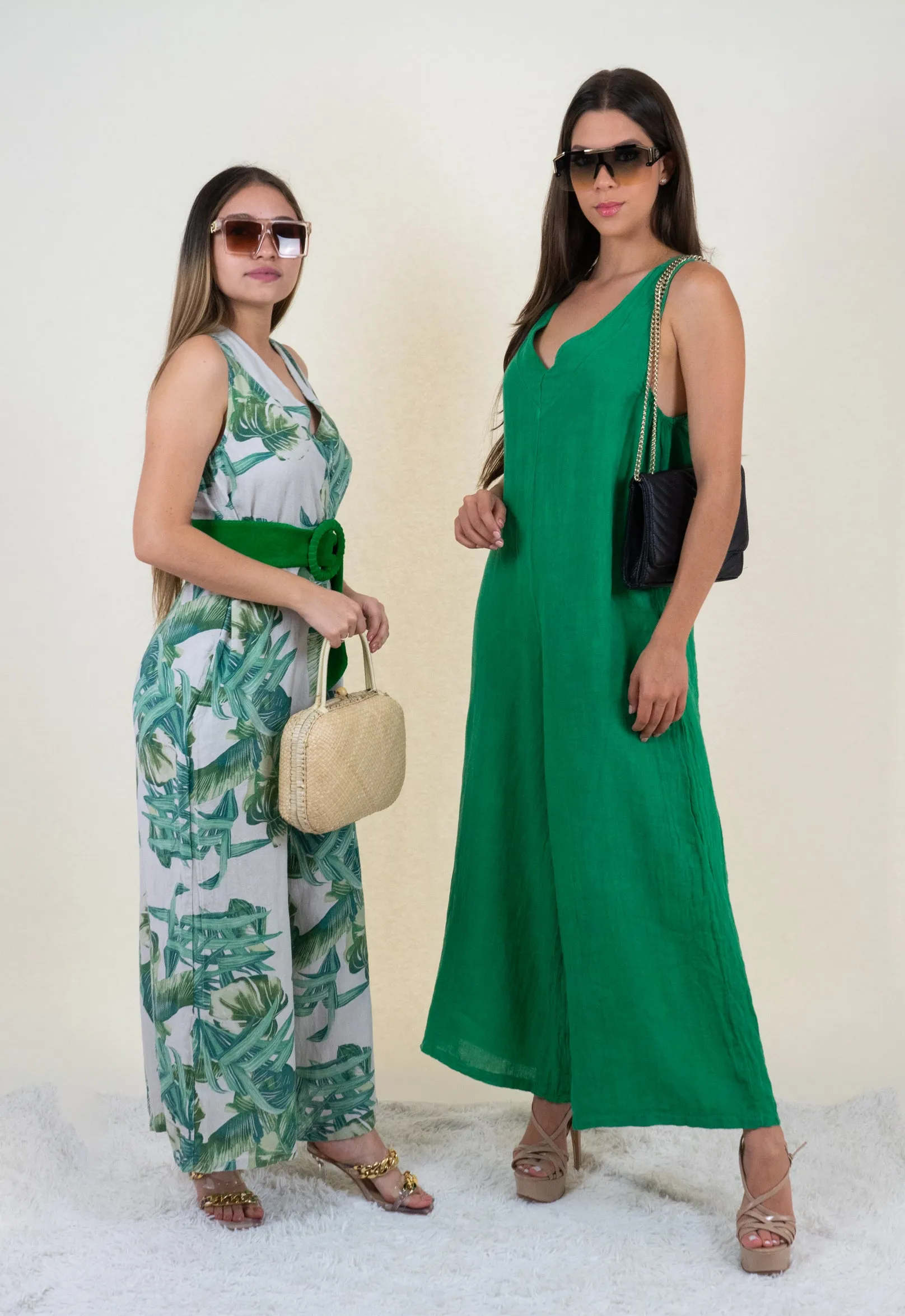 Green and Beige Tropical Print  Jumpsuits