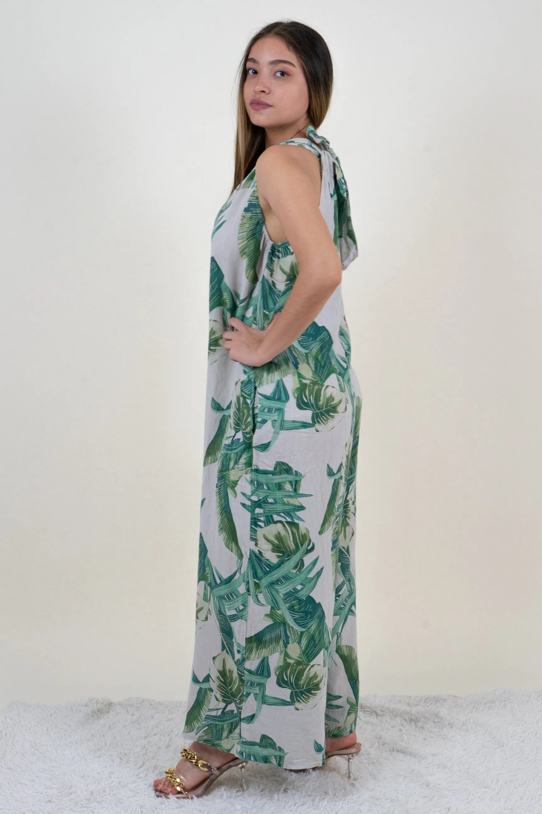 Green and Beige Tropical Print  Jumpsuits