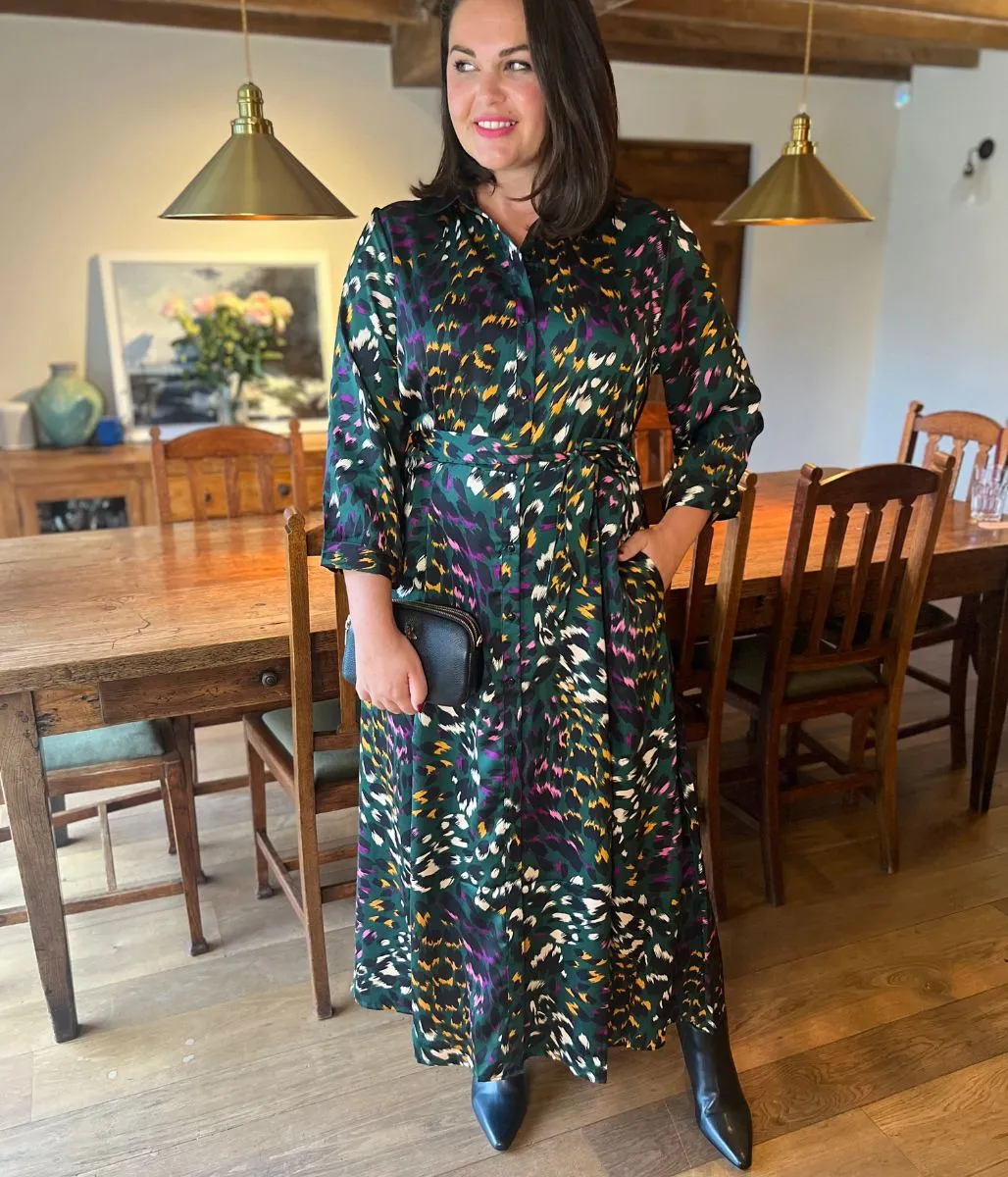 Green Ava Peacock Print Satin Shirt Dress