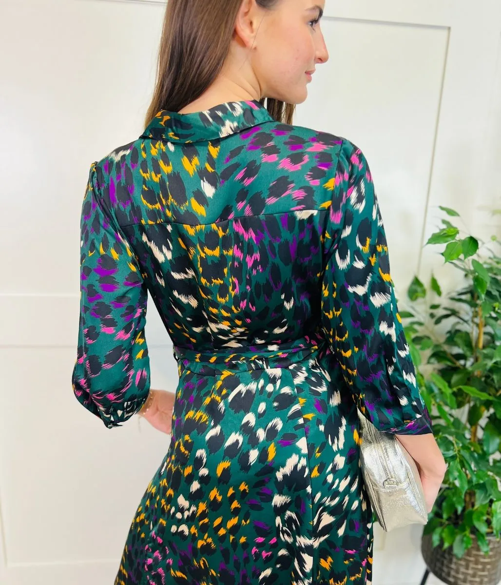 Green Ava Peacock Print Satin Shirt Dress