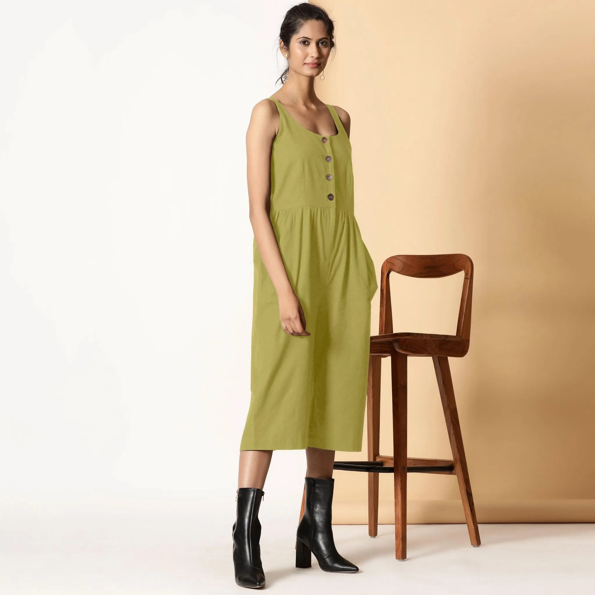 Green Cotton Flax Button-Down Midi Jumpsuit