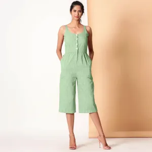 Green Cotton Sleeveless Button-Down Jumpsuit