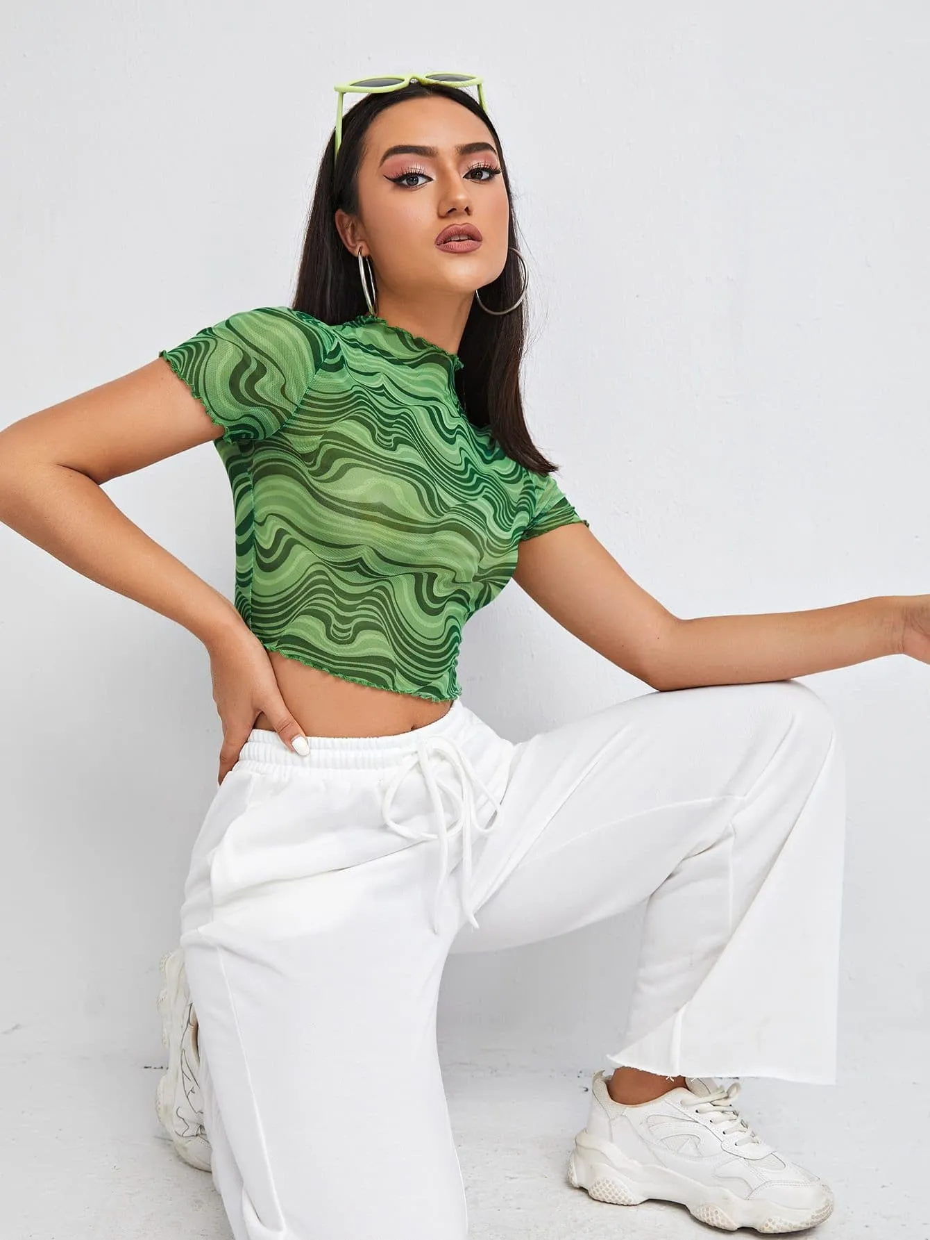 Green Round Neck Marble Print Frill Trim Mesh Crop Top