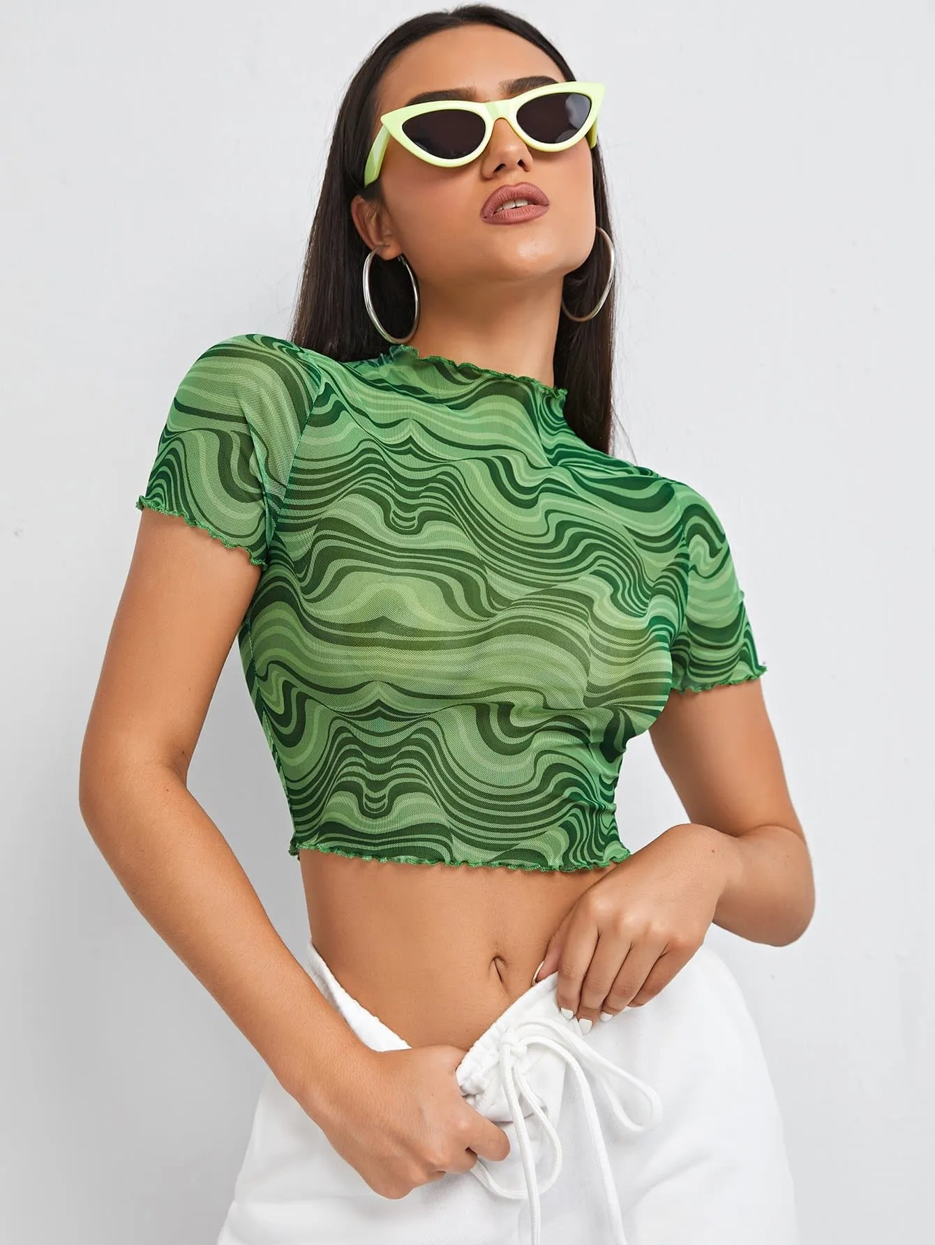 Green Round Neck Marble Print Frill Trim Mesh Crop Top