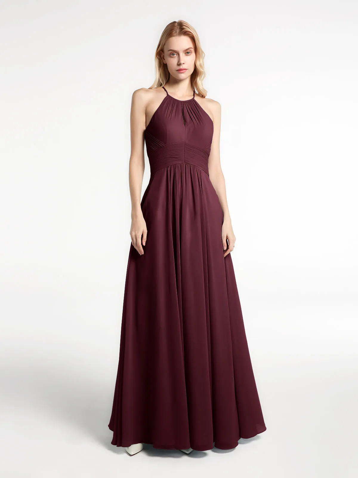 Halter Keyhole Neck Chiffon Dress with Pockets-Cabernet Plus Size