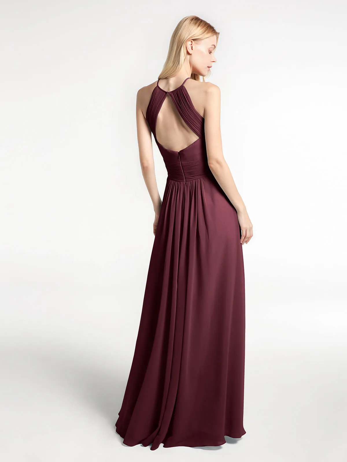 Halter Keyhole Neck Chiffon Dress with Pockets-Cabernet Plus Size