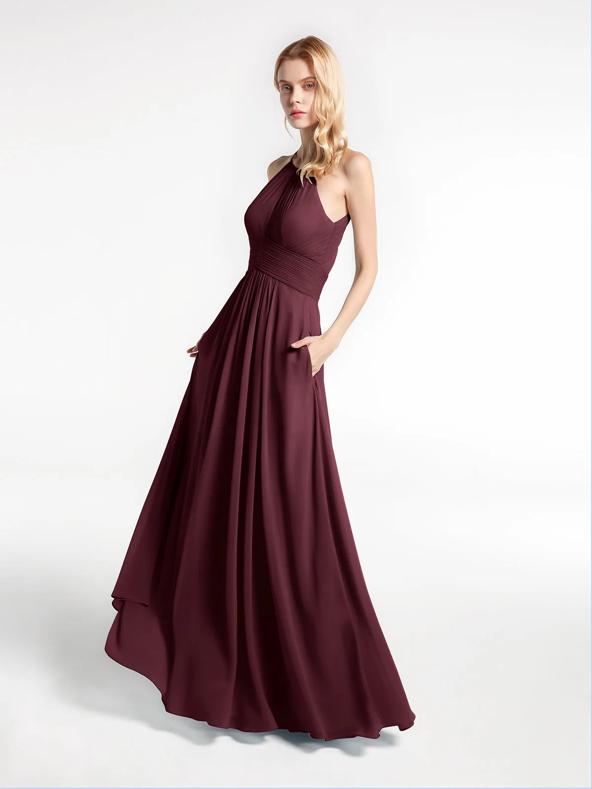 Halter Keyhole Neck Chiffon Dress with Pockets-Cabernet Plus Size