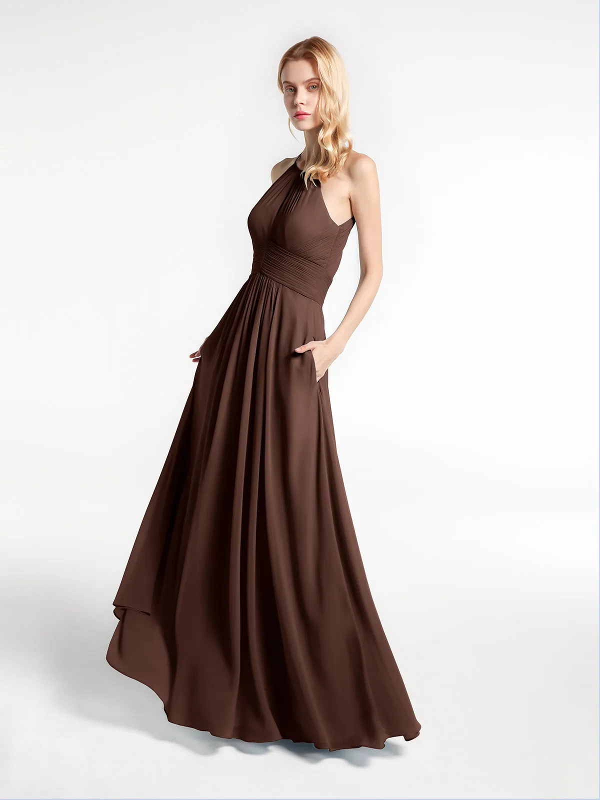 Halter Keyhole Neck Chiffon Dress with Pockets-Chocolate