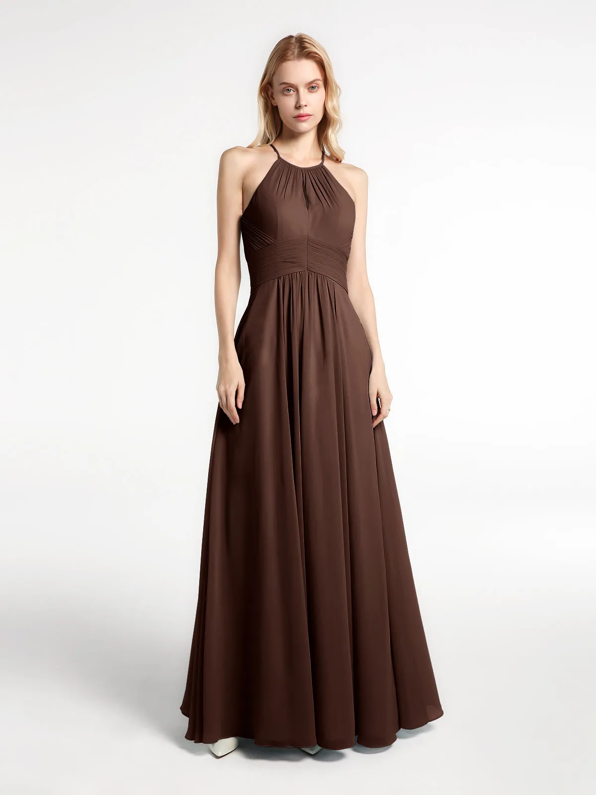 Halter Keyhole Neck Chiffon Dress with Pockets-Chocolate