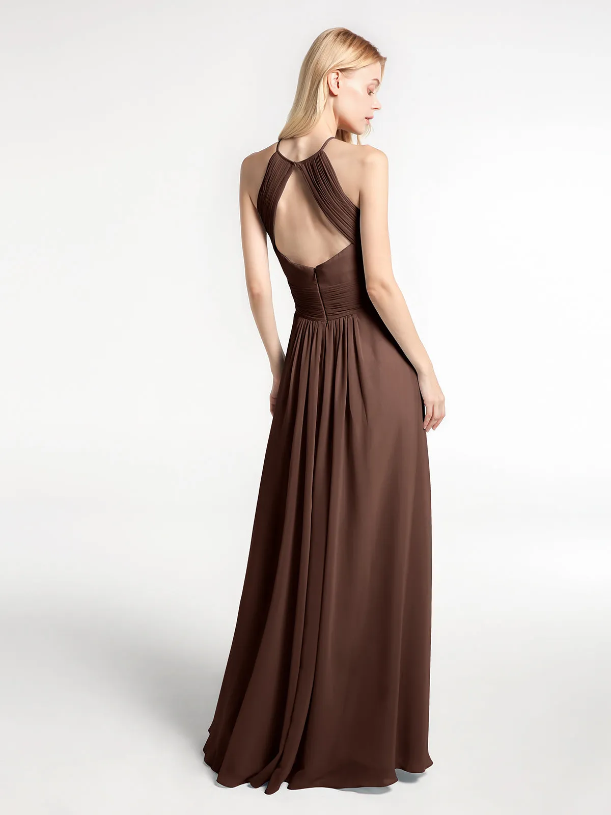 Halter Keyhole Neck Chiffon Dress with Pockets-Chocolate