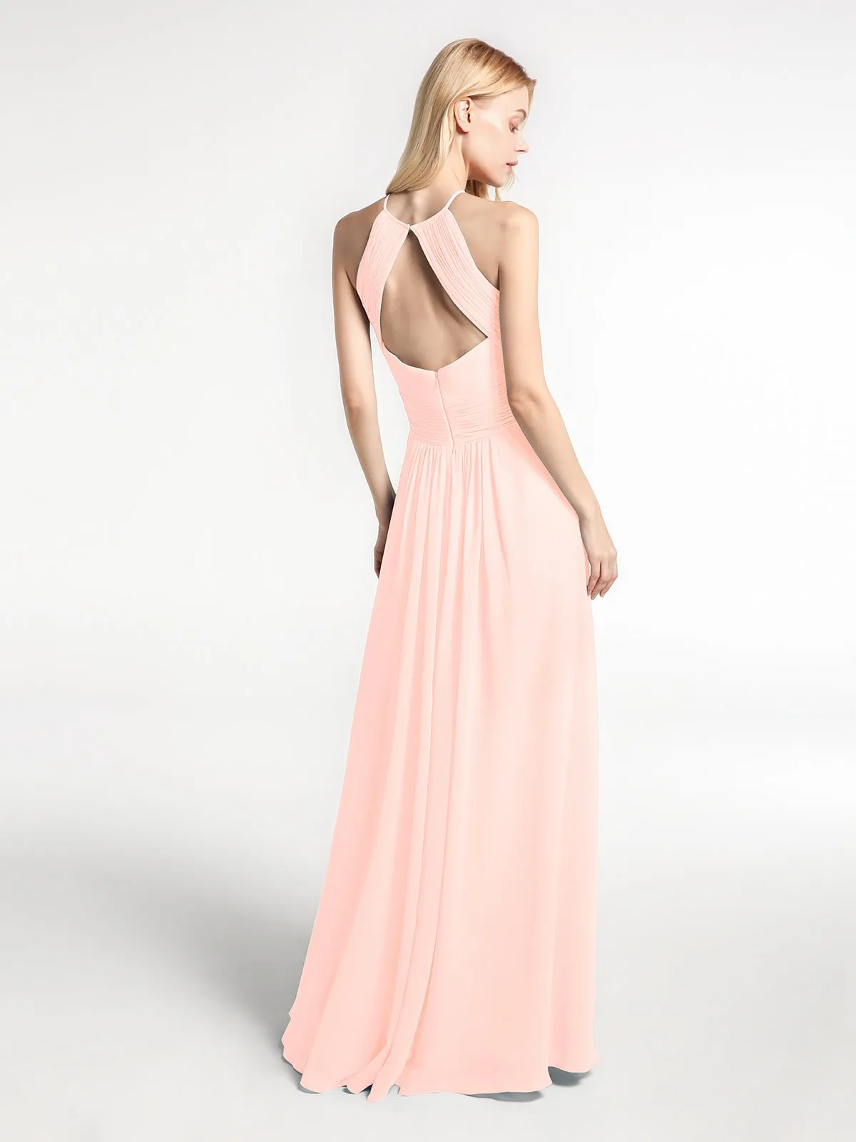 Halter Keyhole Neck Chiffon Dress with Pockets-Pearl Pink