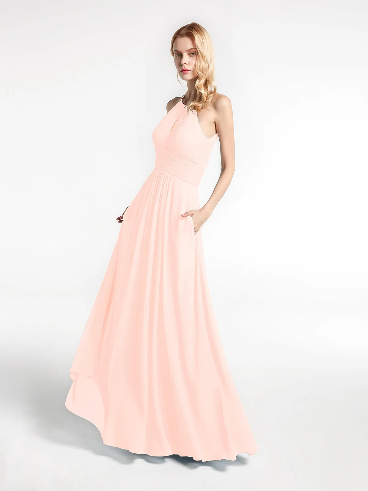 Halter Keyhole Neck Chiffon Dress with Pockets-Pearl Pink