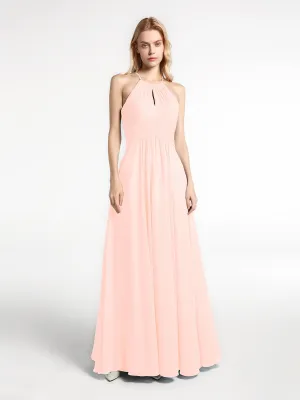 Halter Keyhole Neck Chiffon Dress with Pockets-Pearl Pink