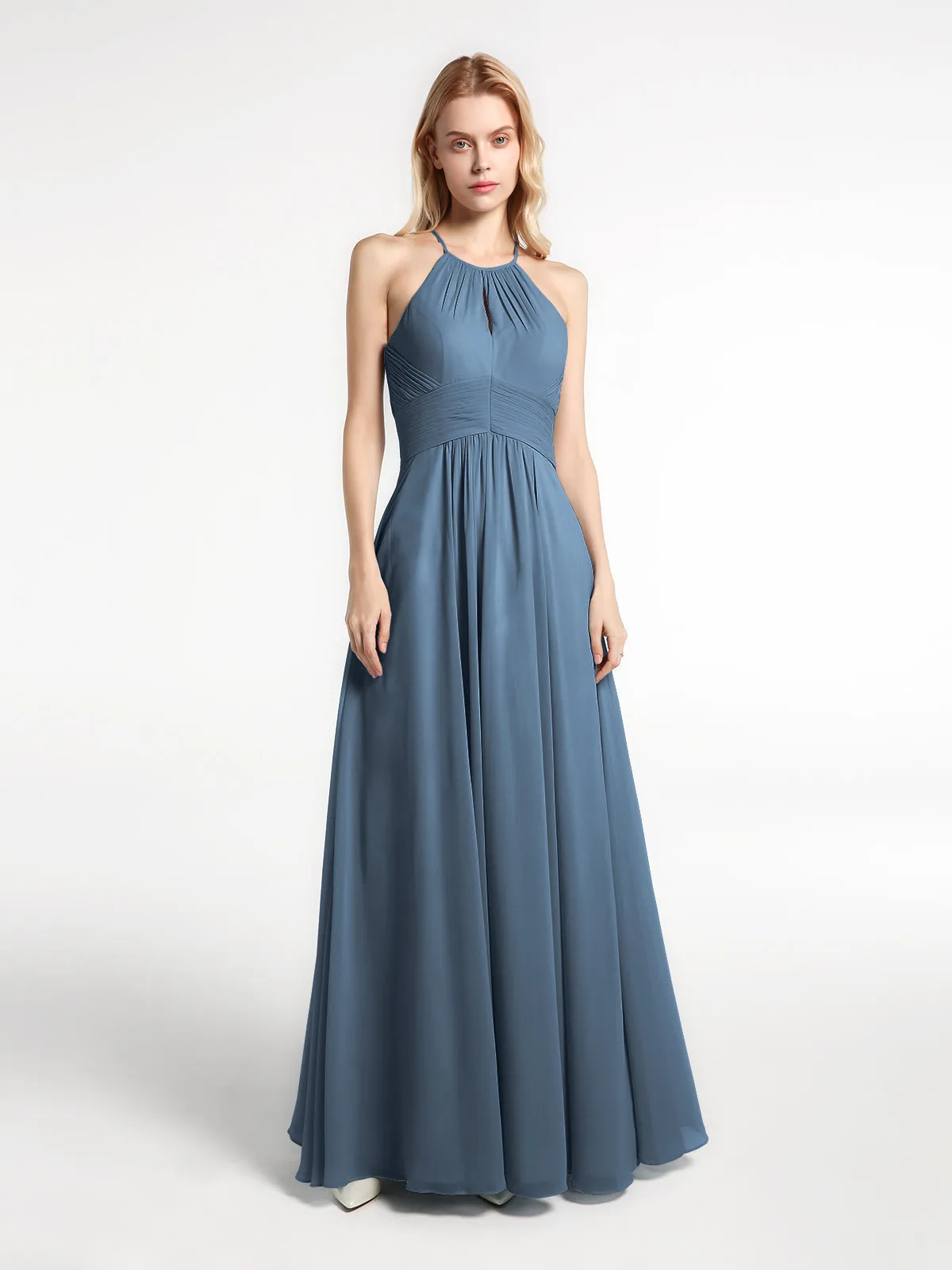 Halter Keyhole Neck Chiffon Dress with Pockets-Slate Blue Plus Size