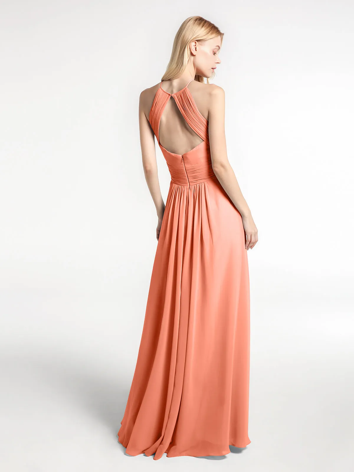 Halter Keyhole Neck Chiffon Dress with Pockets-Sunset