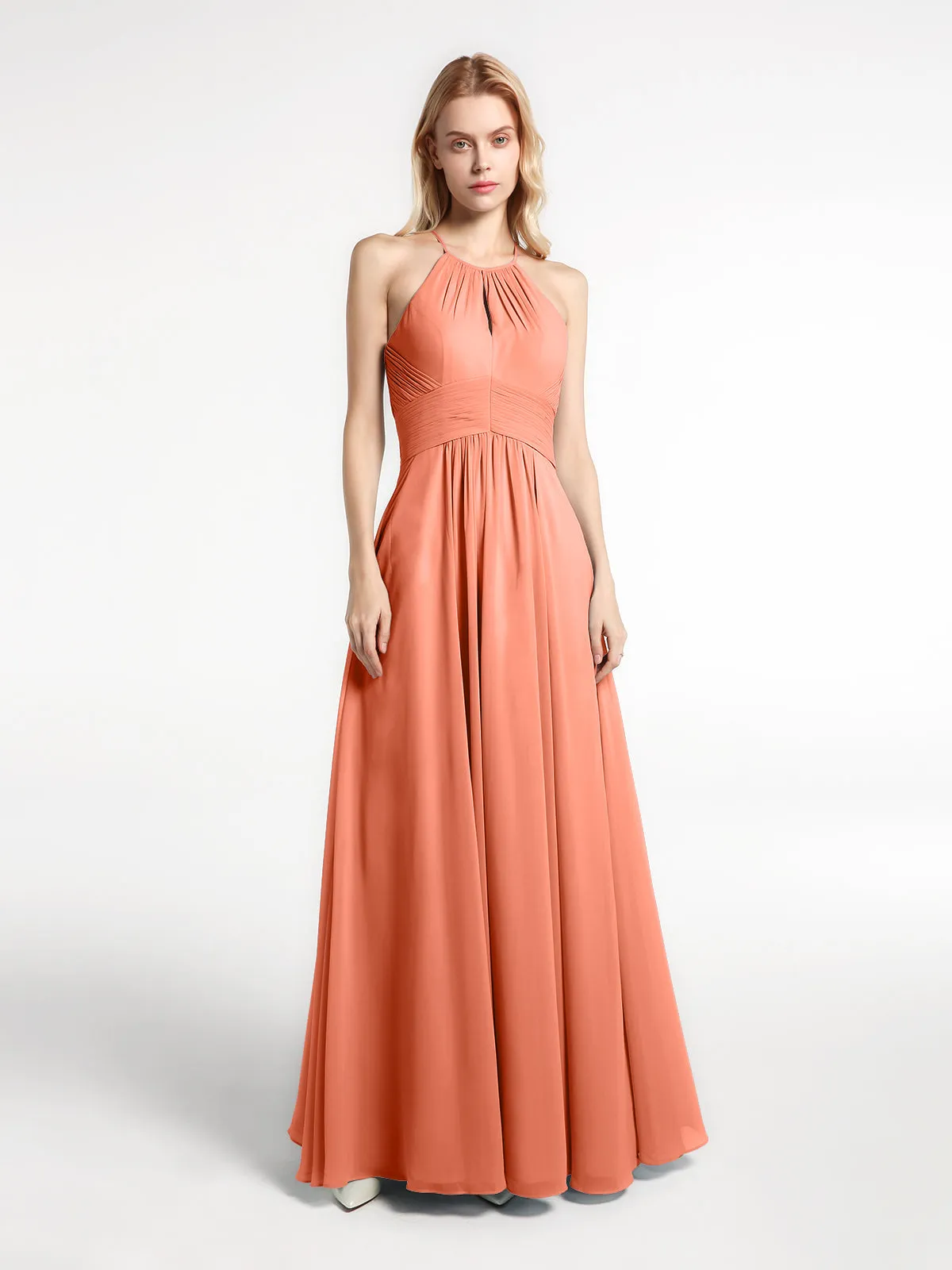 Halter Keyhole Neck Chiffon Dress with Pockets-Sunset