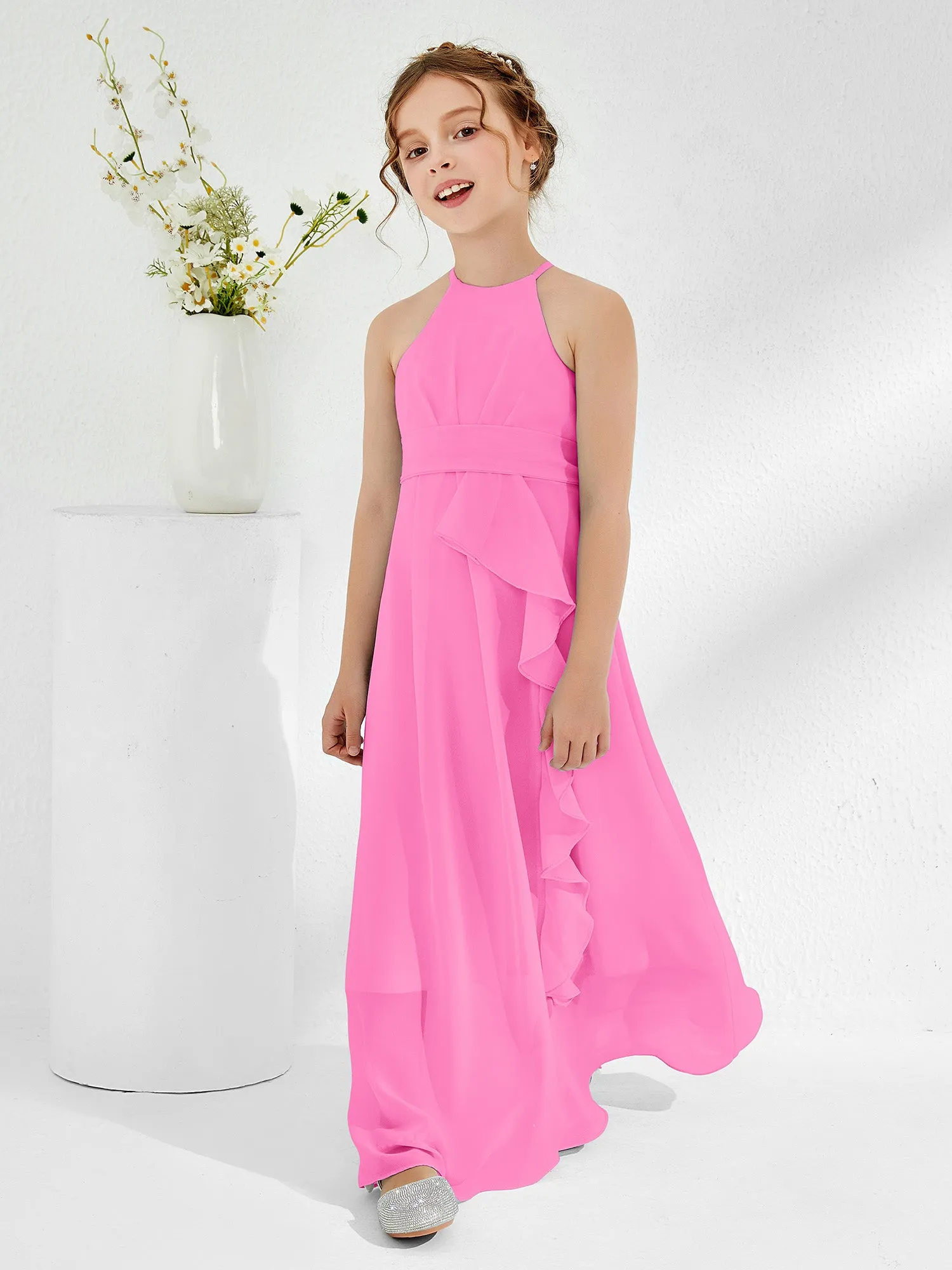 Halter Neckline Junior Bridesmaid Dresses with Sash Azalea