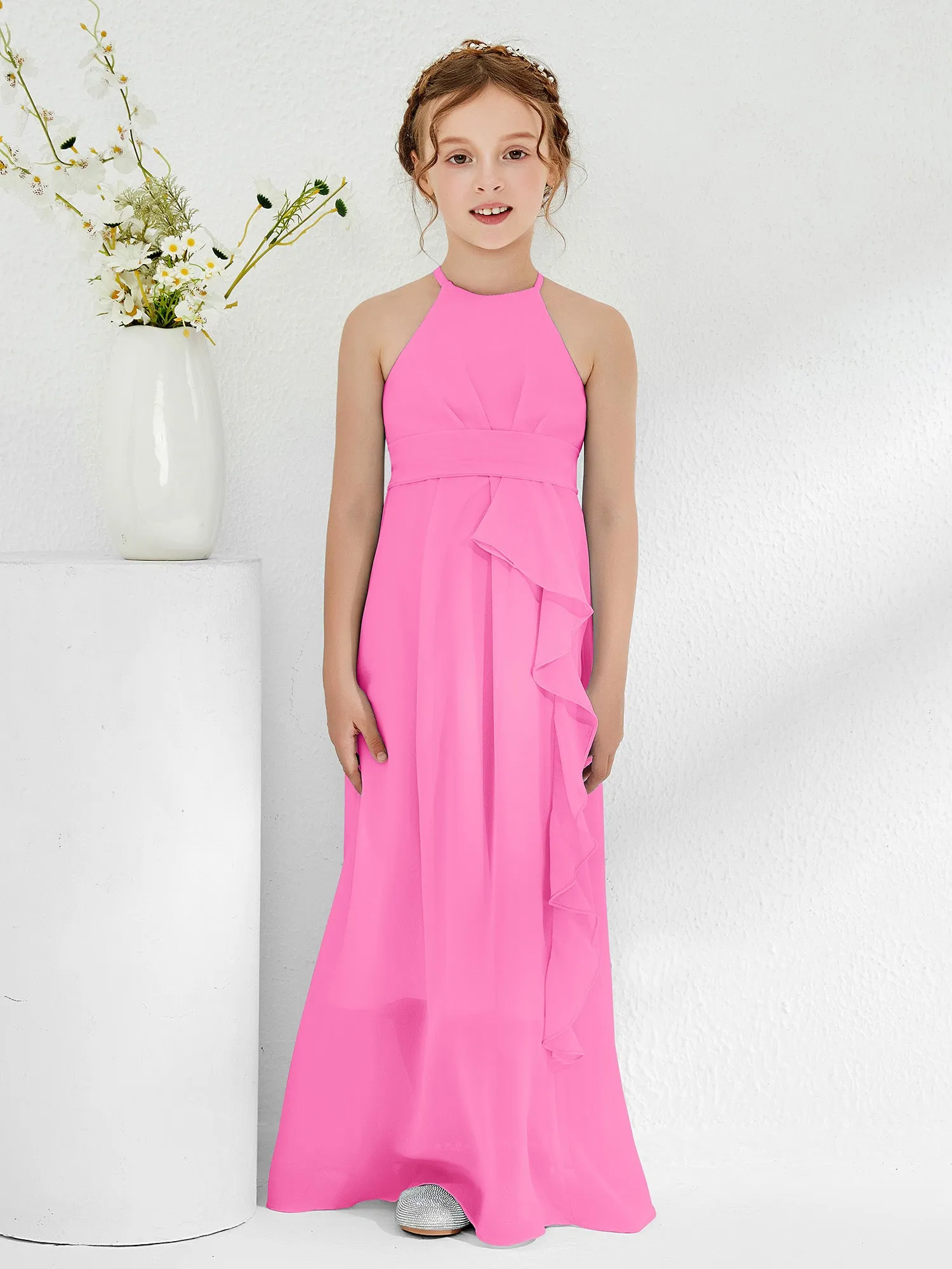 Halter Neckline Junior Bridesmaid Dresses with Sash Azalea