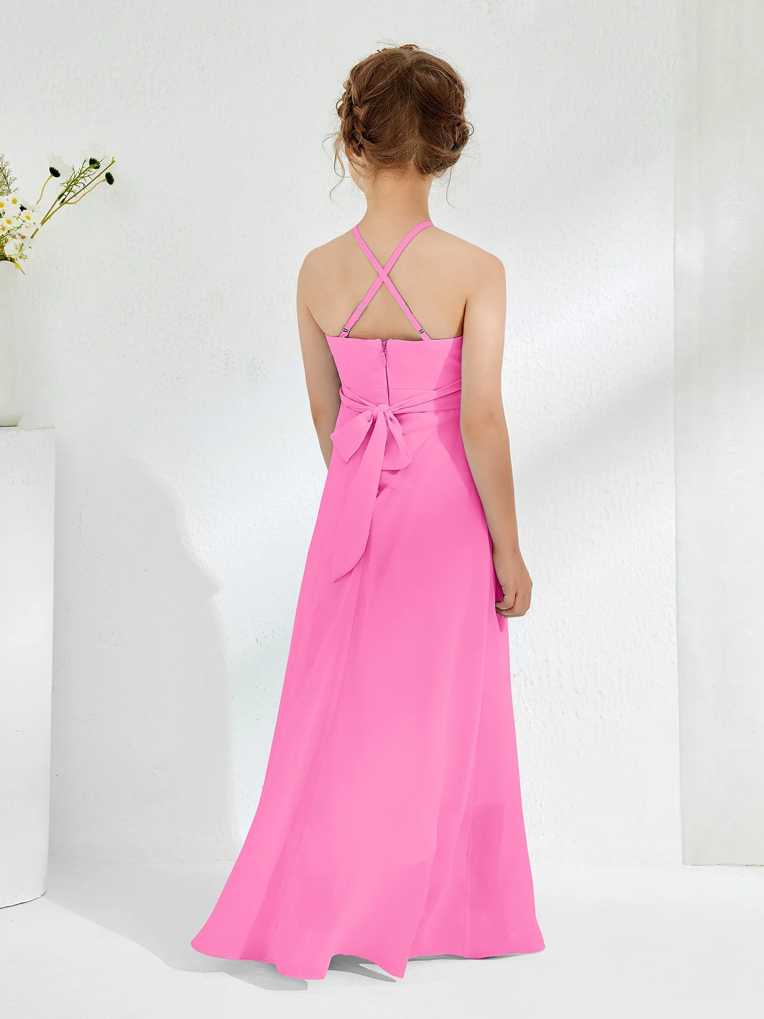 Halter Neckline Junior Bridesmaid Dresses with Sash Azalea