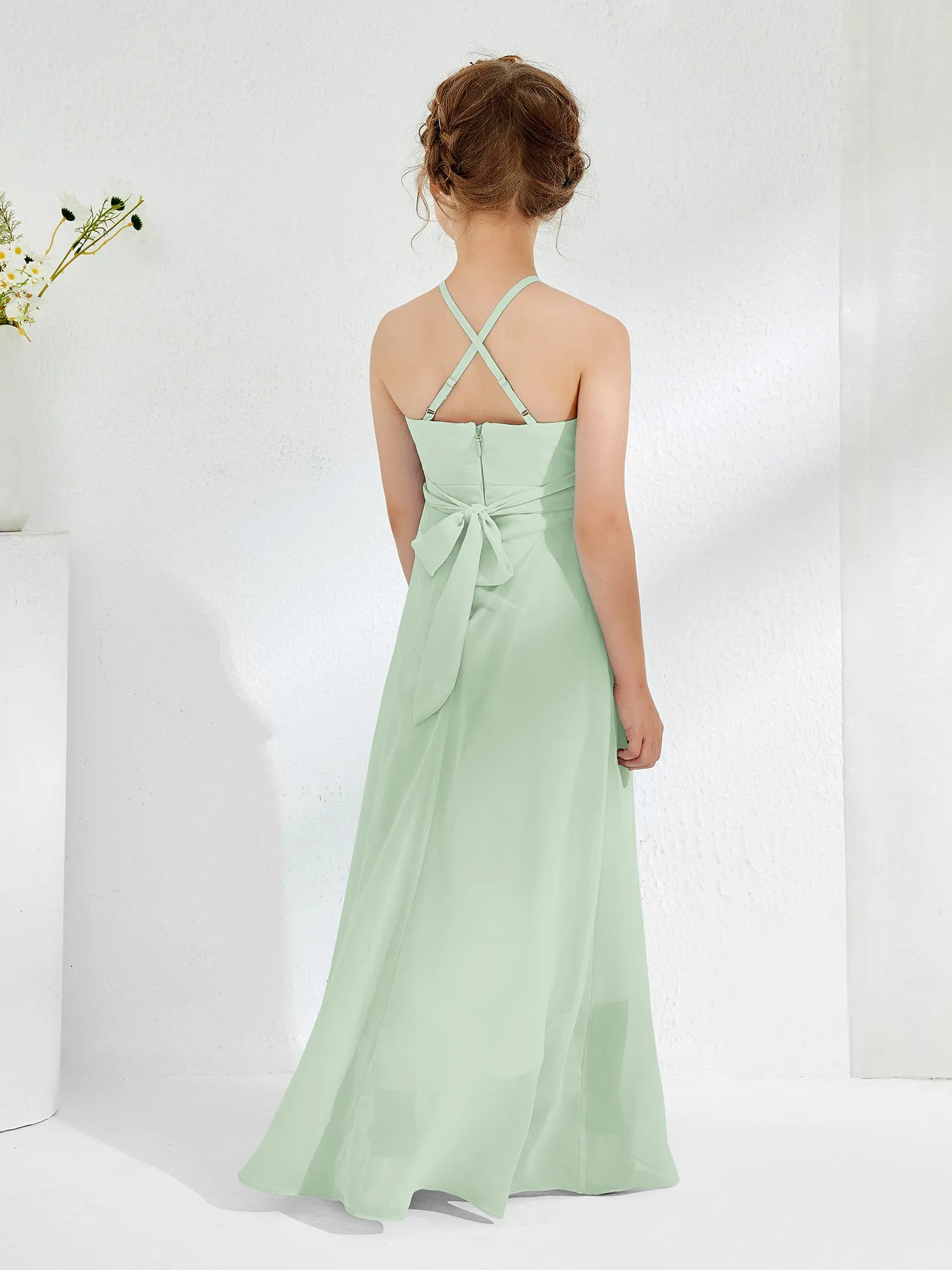 Halter Neckline Junior Bridesmaid Dresses with Sash Dusty Sage