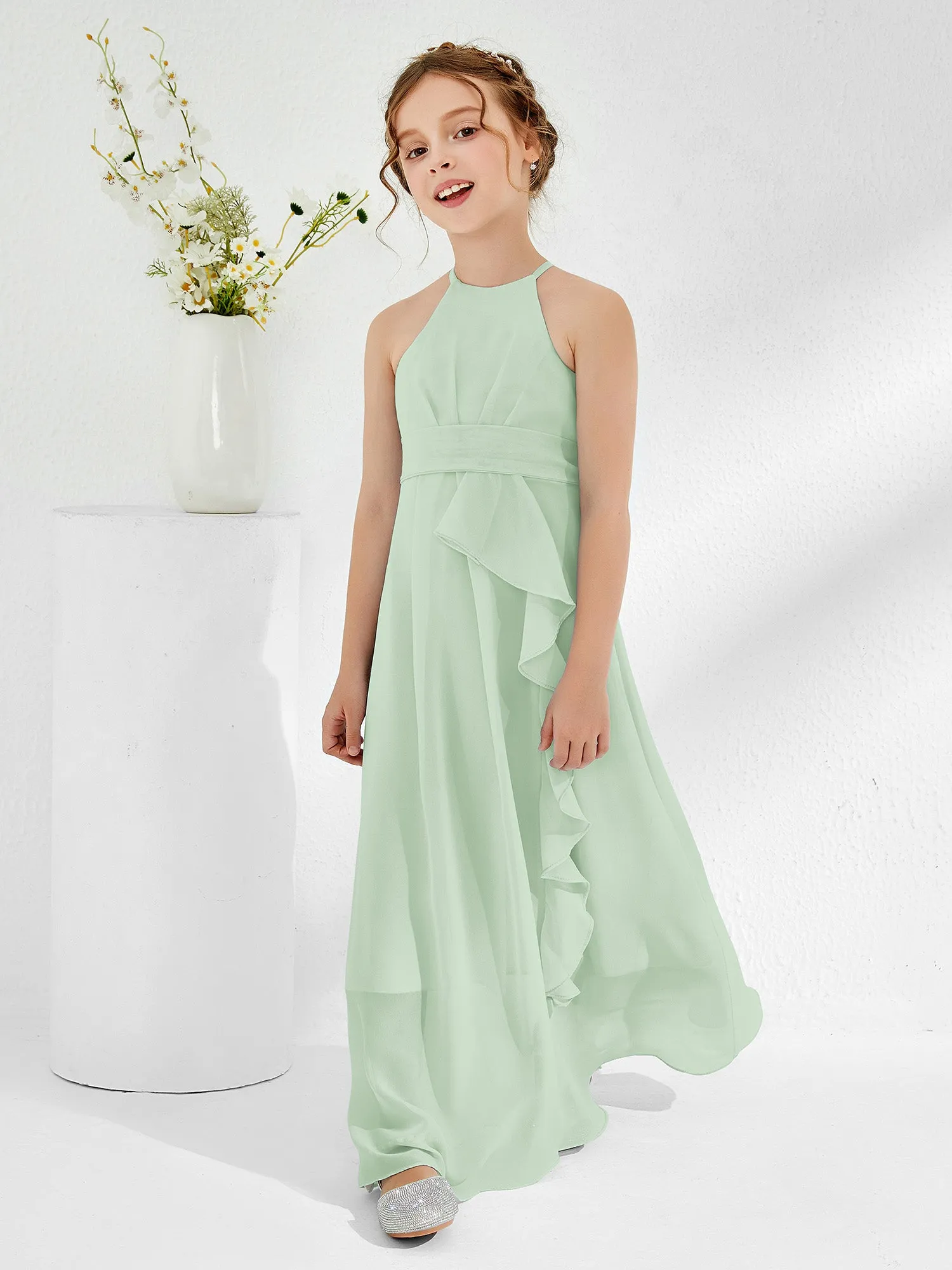 Halter Neckline Junior Bridesmaid Dresses with Sash Dusty Sage