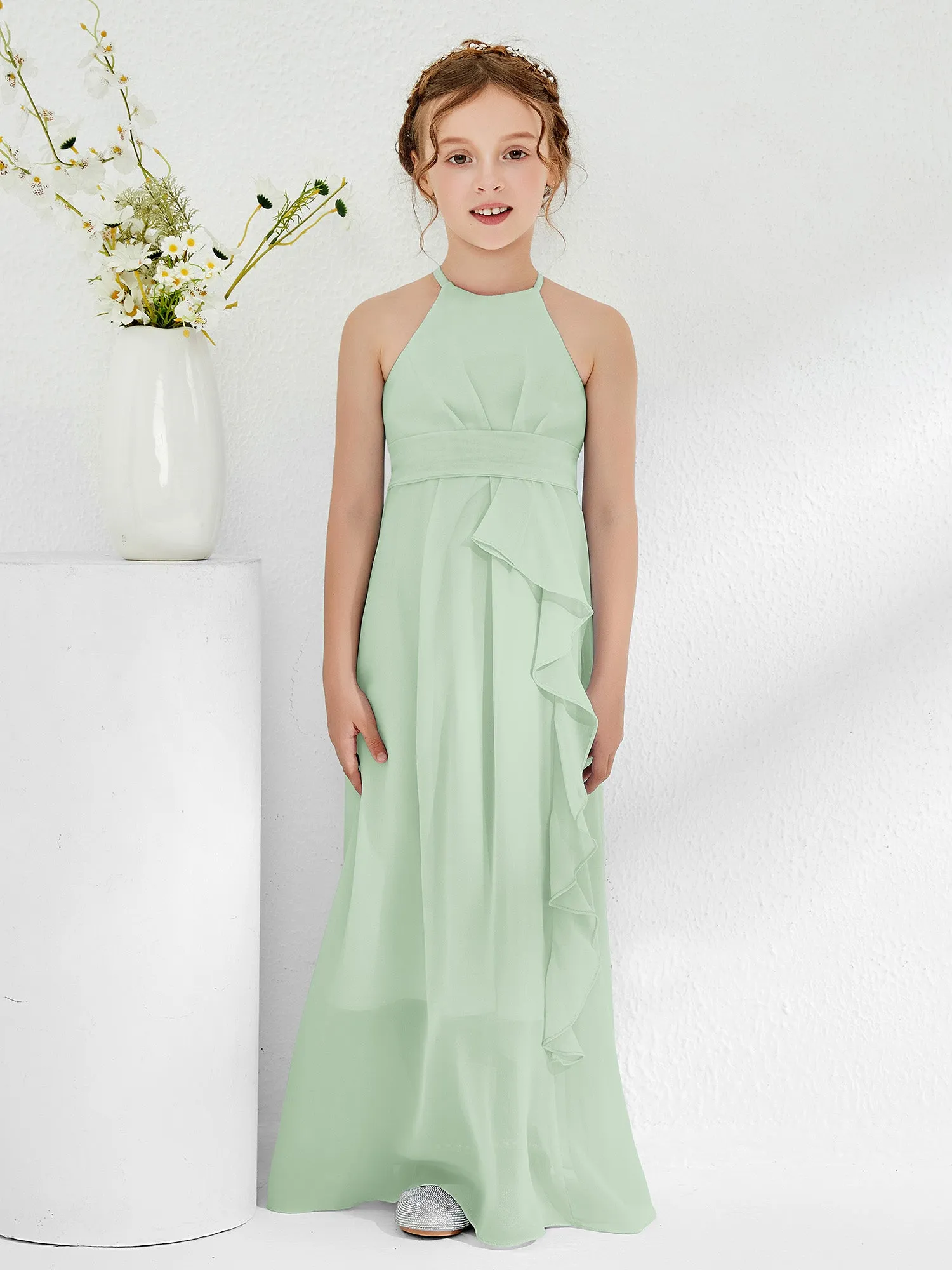 Halter Neckline Junior Bridesmaid Dresses with Sash Dusty Sage