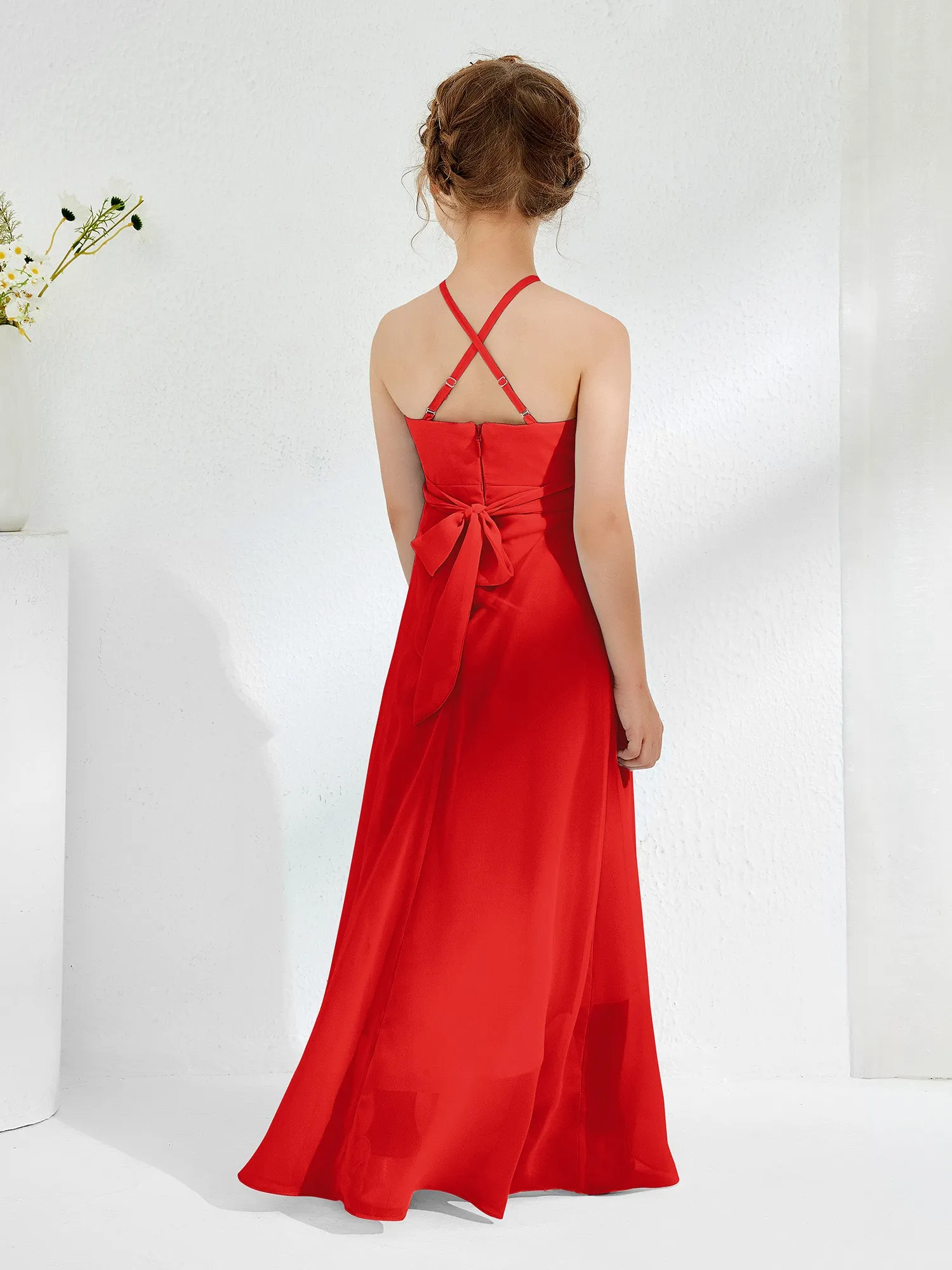 Halter Neckline Junior Bridesmaid Dresses with Sash Red